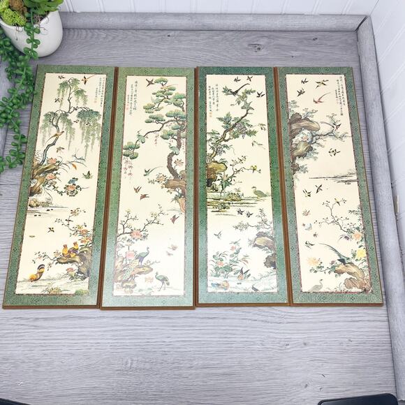 4 Large Mid Century Wood Panels Asian Birds Prints Evangeline Paint 1963 15 x 5" - Picture 7 of 9